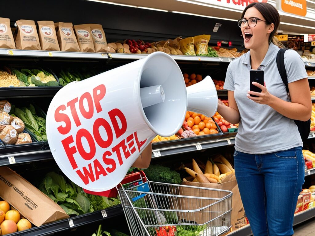 Activists protest food waste outside a grocery store, holding signs demanding change, while a store employee loads crates of unsold produce into a food bank vehicle