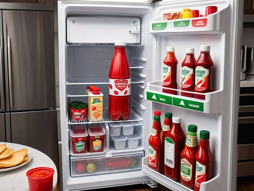 Refrigerator interior with labeled zones: crisp vegetables in humidity drawers, milk on the middle shelf, and a misplaced ketchup bottle beside butter—an ode to fridge chaos