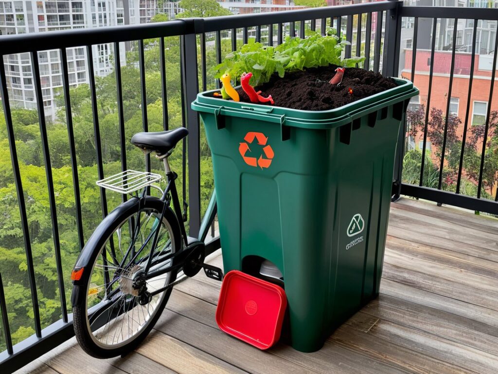 Apartment-friendly compost bin filled with coffee grounds, banana peels, and eggshells, sitting beside a thriving potted basil plant