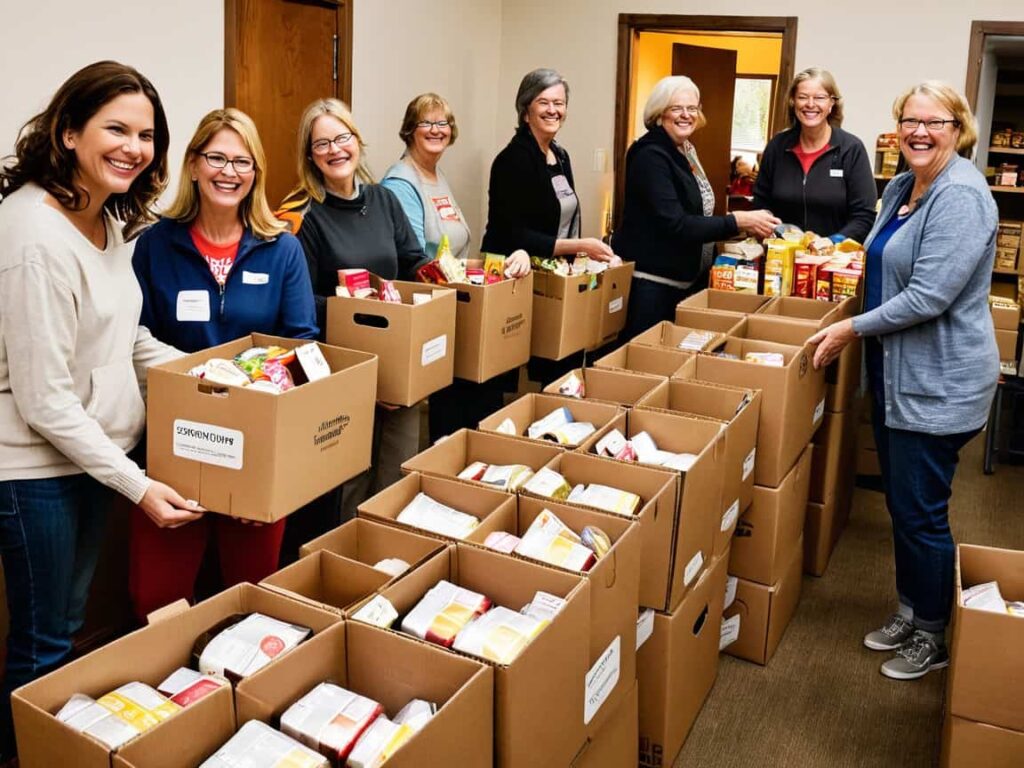 Volunteer in a food bank warehouse organizing donations, including peanut butter jars, whole-grain pasta, and low-sodium canned vegetables.