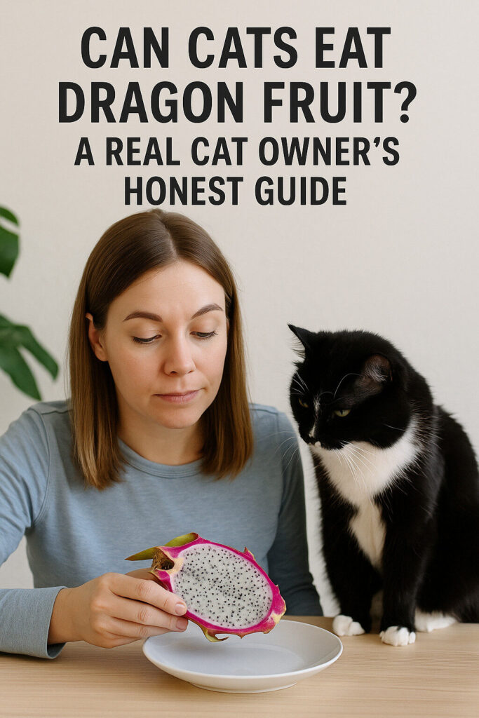 A woman holding a halved dragon fruit while her curious black-and-white cat looks on, illustrating the question of whether cats can eat dragon fruit