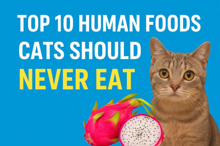 Graphic thumbnail with bold title ‘Top 10 Human Foods Cats Should Never Eat’ on a blue background, featuring a curious tabby cat and a sliced dragon fruit in the foreground